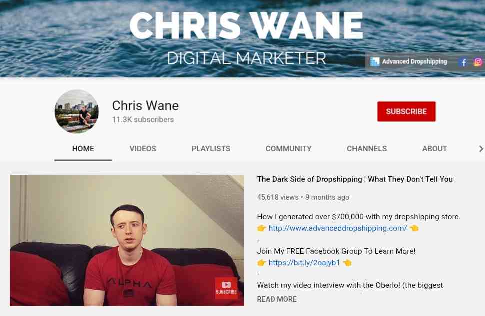 Advanced dropshipping academy Chris wane youtube channel